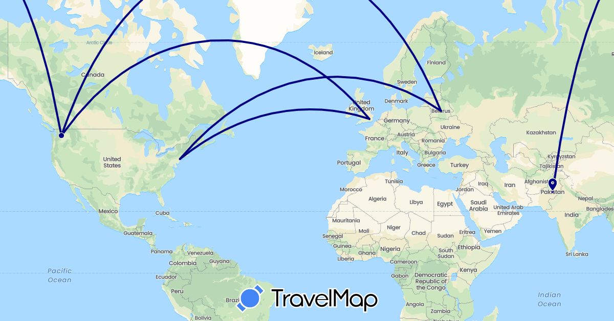 TravelMap itinerary: driving in Belarus, United Kingdom, Pakistan, Russia, United States (Asia, Europe, North America)